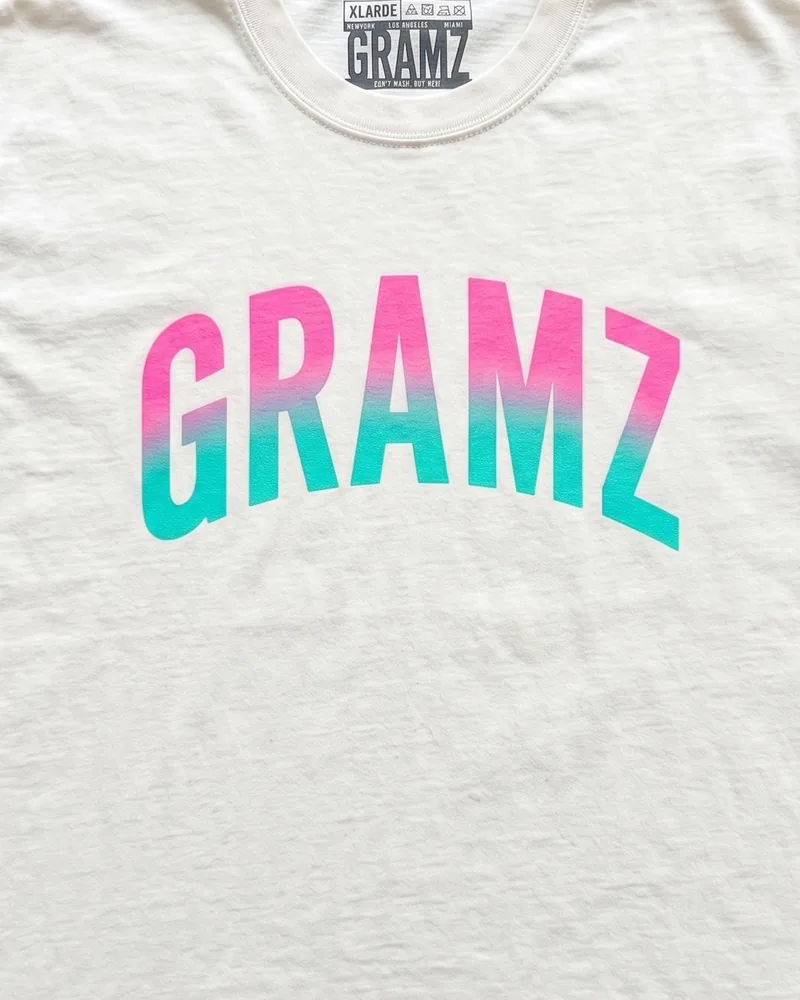 Design rendering: close-up of the arched GRAMZ chest print fading from pink to teal on the cream tee