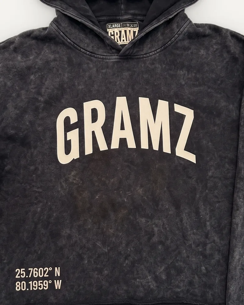 Design rendering: close-up of the sand arched GRAMZ chest print and Miami coordinates on the washed charcoal cropped hoodie